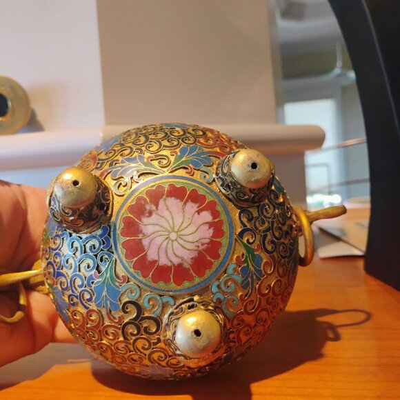Vtg Large Chinese Cloisonné Brass Incense Burner Wood Stand Champleve Enamel - Picture 15 of 16